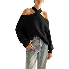 Women Halter Cross Over Collar Shoulder Sweater Loose Fit Solid Color Knit Tops(Black-S) in Saudi Arabia