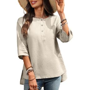 Women's Pure Linen Henley Shirts Crew Neck Casual Blouse in Kuwait