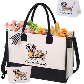 Dachshund Gifts for Women, Weiner Dog Canvas Tote Bag with Zipper for Dachshund Lovers Travel, Shopping, Beach – Perfect Weenie Dog Gifts for Mother's Day, Christmas, Birthday in Saudi Arabia