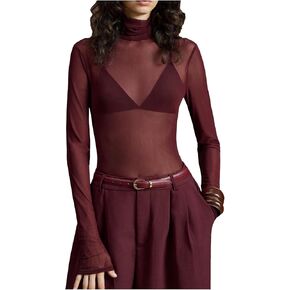 قمصان نسائية شبكية شفافة بياقة سلحفاة وأكمام طويلة، قمصان بقصة ضيقة، ملابس الخريف in Kuwait