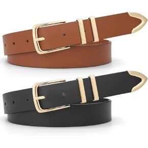 عبوتان من أحزمة جلدية نسائية لفساتين الجينز وملابس كاجوال للعمل وحزام جلد أسود للنساء مع إبزيم ذهبي in Kuwait