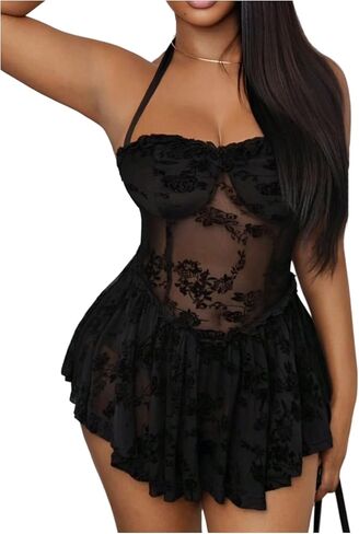 Women's Lace Halter Mini Dress Tie Backless Sheer Ruffle A Line Party Club Dresses Going Out Outfits in Saudi Arabia