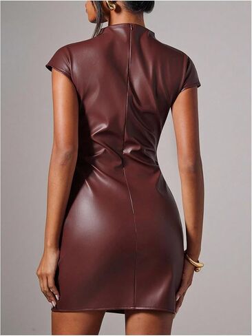 Milumia Women's Sexy PU Mock Neck Leather Dress Ruched Bodycon Club Party Short Dresses in Kuwait