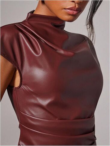 Milumia Women's Sexy PU Mock Neck Leather Dress Ruched Bodycon Club Party Short Dresses in Kuwait