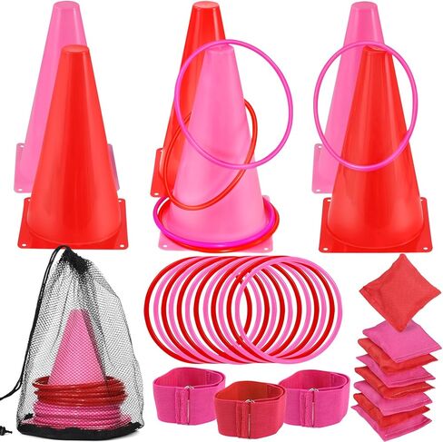 33pcs 4 in 1 valentines day Games for Kids with Ring Troam ، مخروطات بلاستيكية ناعمة ، أكياس فول ، فرق سباق ذات 3 أرجل ، مجموعة من ألعاب Valentines مجموعة للأطفال. in Kuwait