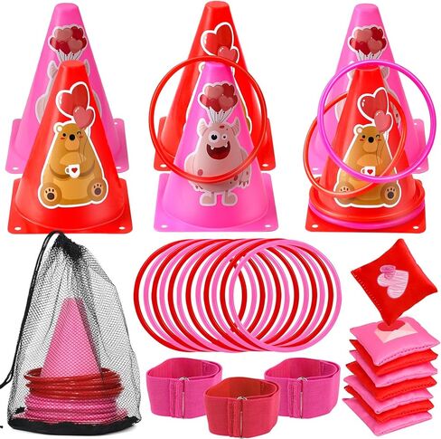33pcs 4 in 1 valentines day Games for Kids with Ring Troam ، مخروطات بلاستيكية ناعمة ، أكياس فول ، فرق سباق ذات 3 أرجل ، مجموعة من ألعاب Valentines مجموعة للأطفال. in Kuwait