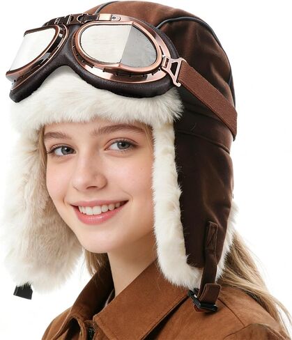 Aviator Hat and Goggles for Vintage Pilot Costume Set Fur Trapper Hat with Earflaps and Helmet Goggles for Adult Men Women in Saudi Arabia
