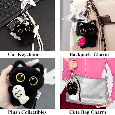 Bag Charm Cute Black Cat Plush Keychain Backpack Purse Key Chain Accessories Gifts for Women in Saudi Arabia