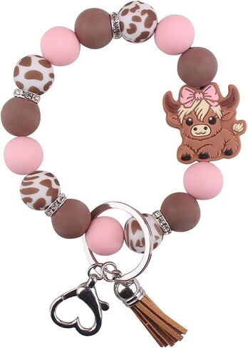 Beaded Wristlet Keychain for Women Cute Wrist Key Chain Leopard Silicone Key Ring Elastic Bowknot Cow Bracelet in Saudi Arabia