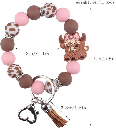 Beaded Wristlet Keychain for Women Cute Wrist Key Chain Leopard Silicone Key Ring Elastic Bowknot Cow Bracelet in Saudi Arabia