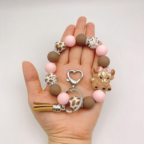 Beaded Wristlet Keychain for Women Cute Wrist Key Chain Leopard Silicone Key Ring Elastic Bowknot Cow Bracelet in Saudi Arabia