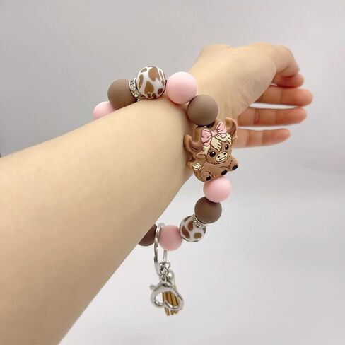 Beaded Wristlet Keychain for Women Cute Wrist Key Chain Leopard Silicone Key Ring Elastic Bowknot Cow Bracelet in Saudi Arabia