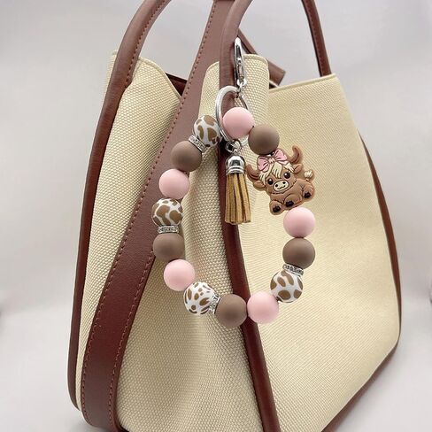 Beaded Wristlet Keychain for Women Cute Wrist Key Chain Leopard Silicone Key Ring Elastic Bowknot Cow Bracelet in Saudi Arabia