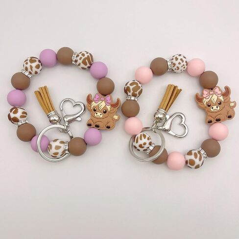 Beaded Wristlet Keychain for Women Cute Wrist Key Chain Leopard Silicone Key Ring Elastic Bowknot Cow Bracelet in Saudi Arabia