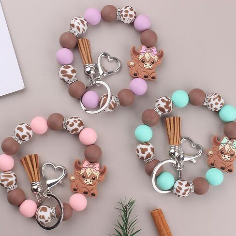 Beaded Wristlet Keychain for Women Cute Wrist Key Chain Leopard Silicone Key Ring Elastic Bowknot Cow Bracelet in Saudi Arabia