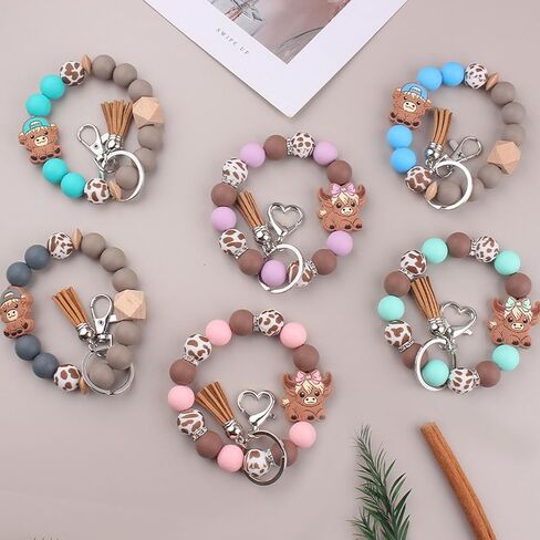 Beaded Wristlet Keychain for Women Cute Wrist Key Chain Leopard Silicone Key Ring Elastic Bowknot Cow Bracelet in Saudi Arabia