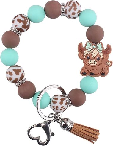 Beaded Wristlet Keychain for Women Cute Wrist Key Chain Leopard Silicone Key Ring Elastic Bowknot Cow Bracelet in Saudi Arabia