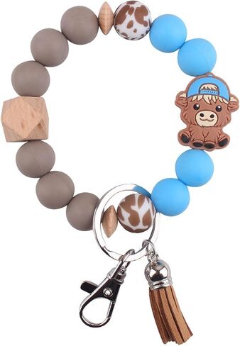 Beaded Wristlet Keychain for Women Cute Wrist Key Chain Leopard Silicone Key Ring Elastic Bowknot Cow Bracelet in Saudi Arabia