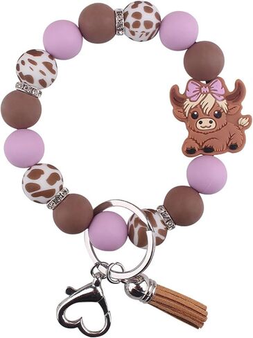 Beaded Wristlet Keychain for Women Cute Wrist Key Chain Leopard Silicone Key Ring Elastic Bowknot Cow Bracelet in Saudi Arabia