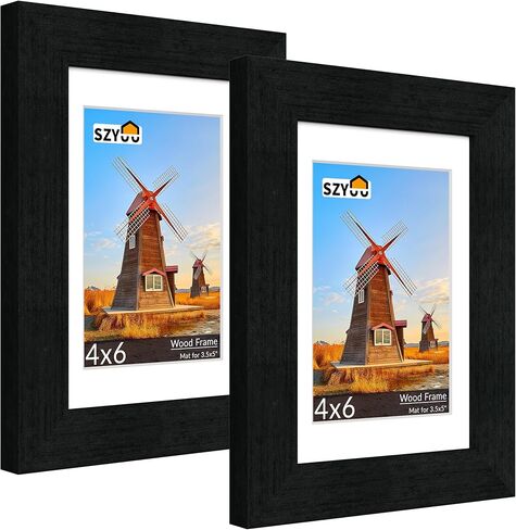 8x10 Picture Frame Set of 2 - Wood Frame with Real Glass, Display 5x7 with Mat or 8x10 without Mat, Photo Frame for Wall or Tabletop Display (Matte Black) in Saudi Arabia