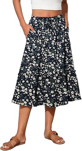 Women's High Elastic Waist Midi Skirt Casual Trendy Floral Print A line Skirts in Saudi Arabia