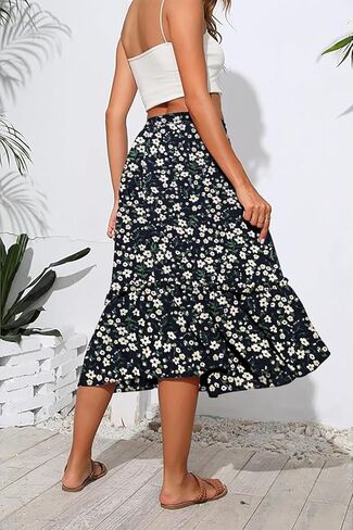 Women's High Elastic Waist Midi Skirt Casual Trendy Floral Print A line Skirts in Saudi Arabia
