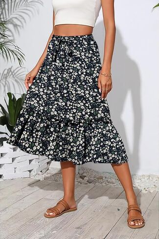 Women's High Elastic Waist Midi Skirt Casual Trendy Floral Print A line Skirts in Saudi Arabia