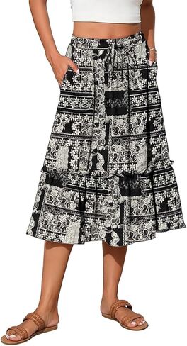 Women's High Elastic Waist Midi Skirt Casual Trendy Floral Print A line Skirts in Saudi Arabia
