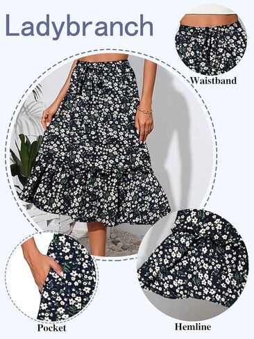 Women's High Elastic Waist Midi Skirt Casual Trendy Floral Print A line Skirts in Saudi Arabia