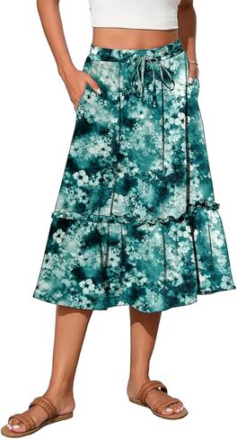 Women's High Elastic Waist Midi Skirt Casual Trendy Floral Print A line Skirts in Saudi Arabia