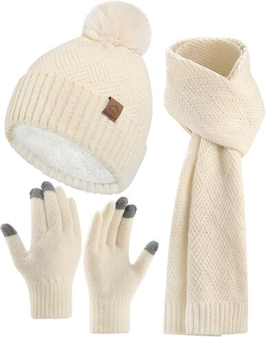AWAYTR Winter Beanie Hat Gloves Scarf Set for Women - 3 Piece Knit Gift Set with Pom Pom Hat Touch Screen Gloves and Scarf in Saudi Arabia