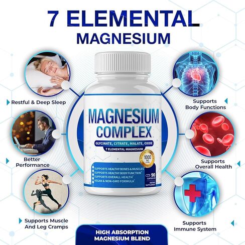 Magnesium Complex Supplement 8 Elemental 1000mg - Magnesium Glycinate, Citrate, Malate, Taurate, Chelated for Easy Absorption for Bones, Muscle, Recovery, Energy, Vegan Non-GMO 90 Capsules in Saudi Arabia