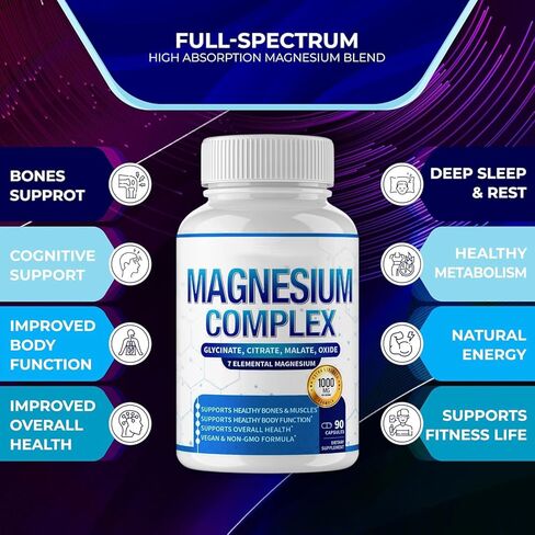 Magnesium Complex Supplement 8 Elemental 1000mg - Magnesium Glycinate, Citrate, Malate, Taurate, Chelated for Easy Absorption for Bones, Muscle, Recovery, Energy, Vegan Non-GMO 90 Capsules in Saudi Arabia