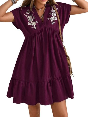 Verdusa Women's Western Cowgirl Summer Dress 2026 Boho Floral Embroidery Short Sleeve V Neck Ruffle Short Dresses in Saudi Arabia