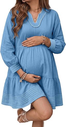 BLENCOT Summer Dresses for Women Casual V Neck 3/4 Puff Sleeve Boho A-line Tiered Babydoll Dress in Saudi Arabia