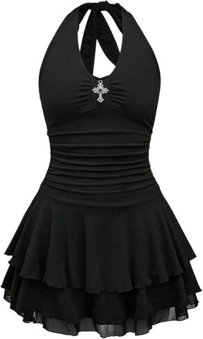 Milumia Women's Punk Tie Backless Halter Dress Y2k Ruched Layered Ruffle Hem Mini Dresses in Saudi Arabia