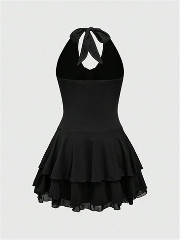 Milumia Women's Punk Tie Backless Halter Dress Y2k Ruched Layered Ruffle Hem Mini Dresses in Saudi Arabia