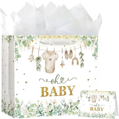 Yusenguan 13" Large Baby Gift Bag with Tissue Paper and Card (Woodland Animals) for Baby Showers, New Parents and More in Saudi Arabia