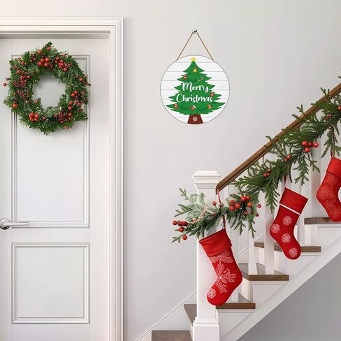 YUNKKIN Christmas Door Decorations Merry Christmas Sign Tree Wall Decor Wooden Front Door Hanger Tree Hanging Sign Wreath for Wall Indoor Home Decorations in Saudi Arabia