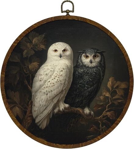 KLYTINK Vintage Owl Wall Art Decor,Retro Bird Mid Century Modern Wall Art Canvas Frame Hanging Prints, Vintage Animal Round Wall Art Decor for Bedroom,Best Gifts for Family Friends 10"x10" (BY0611) in Saudi Arabia