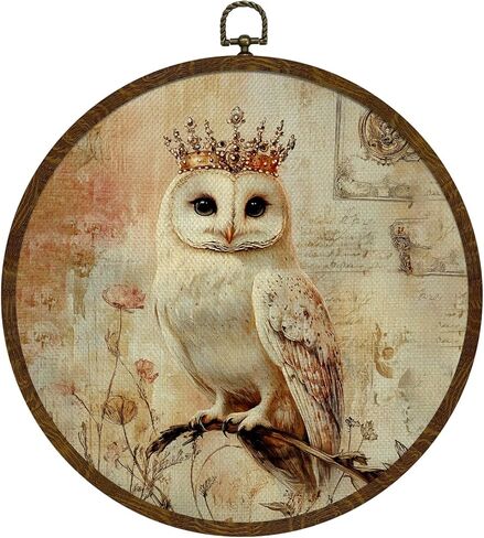KLYTINK Vintage Owl Wall Art Decor,Retro Bird Mid Century Modern Wall Art Canvas Frame Hanging Prints, Vintage Animal Round Wall Art Decor for Bedroom,Best Gifts for Family Friends 10"x10" (BY0611) in Saudi Arabia
