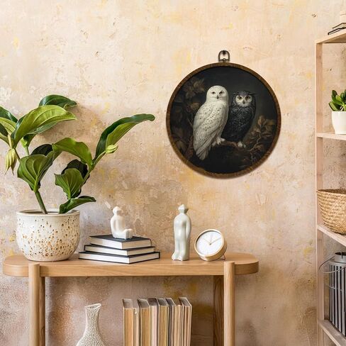 KLYTINK Vintage Owl Wall Art Decor,Retro Bird Mid Century Modern Wall Art Canvas Frame Hanging Prints, Vintage Animal Round Wall Art Decor for Bedroom,Best Gifts for Family Friends 10"x10" (BY0611) in Saudi Arabia