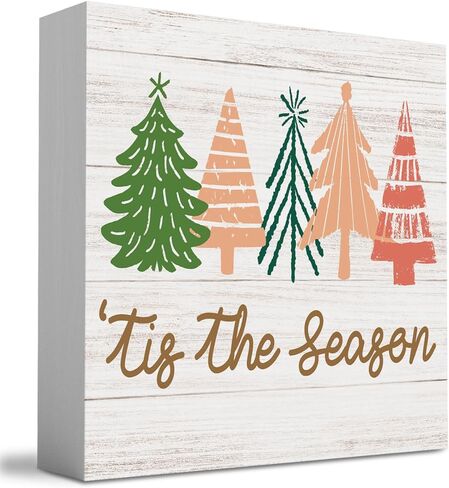 Rustic Winter Merry Christmas Tree Wood Box Sign, Farmhouse Christmas Santa Tis's the Season Artwork Decor, Wood Square Sign Desk Block Signs Home Shelf Office Decoration 5 x 5 Inches in Saudi Arabia