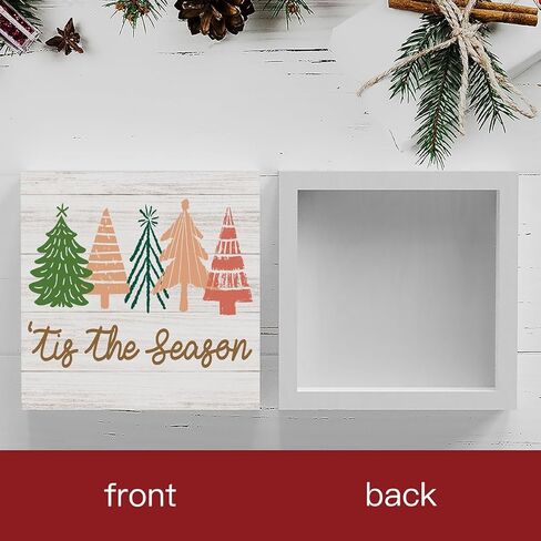Rustic Winter Merry Christmas Tree Wood Box Sign, Farmhouse Christmas Santa Tis's the Season Artwork Decor, Wood Square Sign Desk Block Signs Home Shelf Office Decoration 5 x 5 Inches in Saudi Arabia
