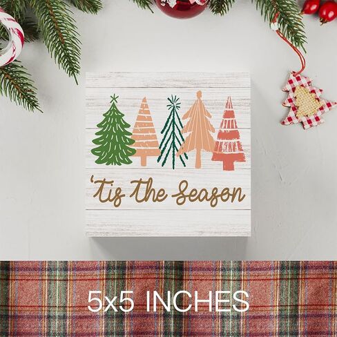 Rustic Winter Merry Christmas Tree Wood Box Sign, Farmhouse Christmas Santa Tis's the Season Artwork Decor, Wood Square Sign Desk Block Signs Home Shelf Office Decoration 5 x 5 Inches in Saudi Arabia