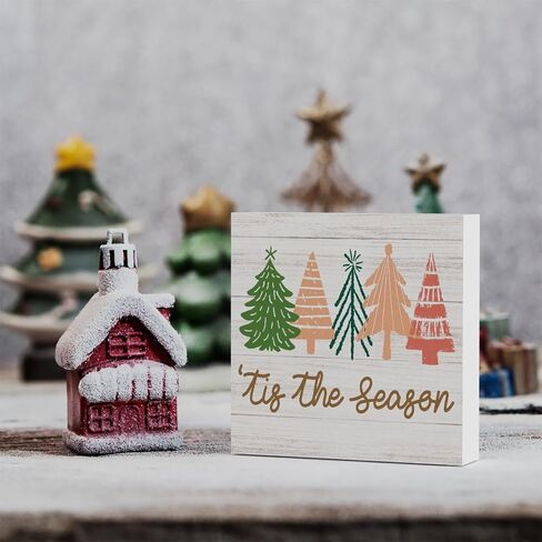 Rustic Winter Merry Christmas Tree Wood Box Sign, Farmhouse Christmas Santa Tis's the Season Artwork Decor, Wood Square Sign Desk Block Signs Home Shelf Office Decoration 5 x 5 Inches in Saudi Arabia