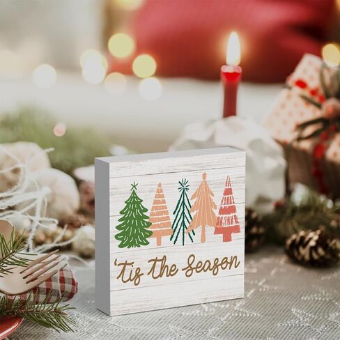 Rustic Winter Merry Christmas Tree Wood Box Sign, Farmhouse Christmas Santa Tis's the Season Artwork Decor, Wood Square Sign Desk Block Signs Home Shelf Office Decoration 5 x 5 Inches in Saudi Arabia