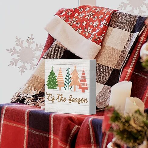 Rustic Winter Merry Christmas Tree Wood Box Sign, Farmhouse Christmas Santa Tis's the Season Artwork Decor, Wood Square Sign Desk Block Signs Home Shelf Office Decoration 5 x 5 Inches in Saudi Arabia