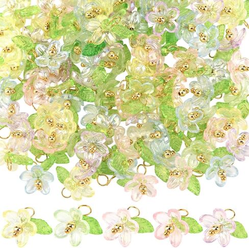 SUNNYCLUE 90Pcs Acrylic Flowers Charms Lily Charms Bulk Flower Leaf Transparent Plastic Floral Leaves Small Vally Charms for Jewelry Making Charms Supplies Necklace Bracelet Keychains Earring Adults in Saudi Arabia