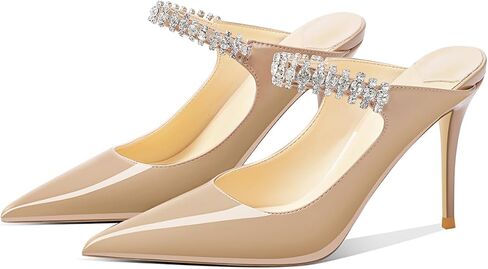 Women's Crystal Rhinestone Mules, Patent Leather Pointed Toe High Heels, 3.2 Inch Stiletto, Memory Foam Insole, Evening Party Wedding Shoes in Saudi Arabia